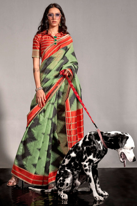 Creative Printed Work On Green Art Silk Fabric Saree