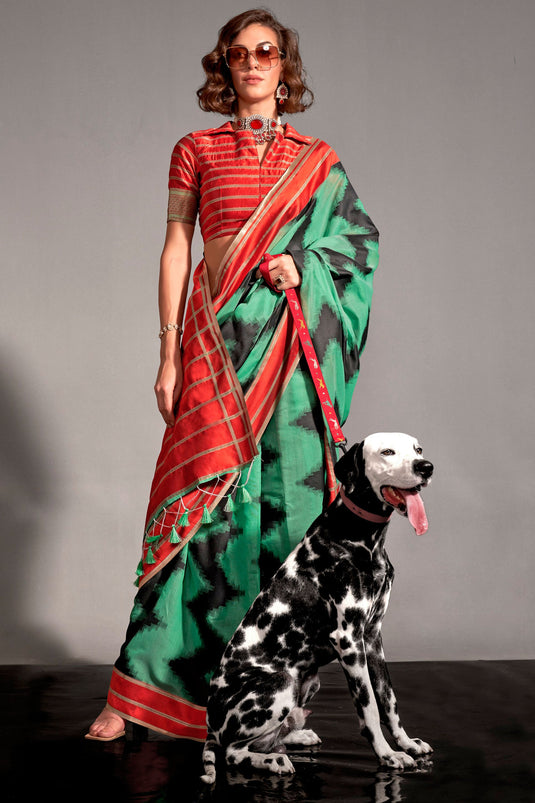 Sea Green Color Printed Work On Art Silk Fabric Stunning Saree