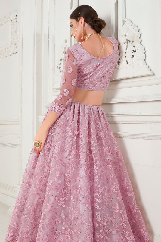 Pink Color Net Fabric Engaging Lehenga With Embroidery Work