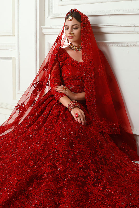 Creative Embroidery Work On Red Color Net Fabric Lehenga