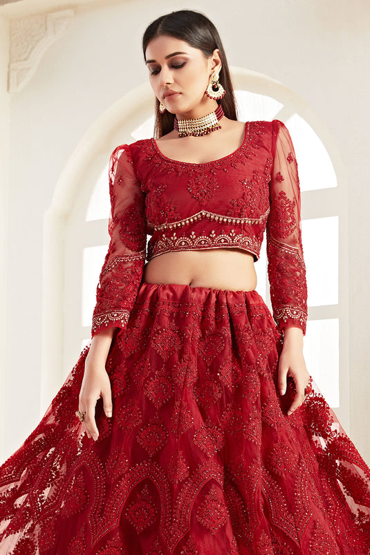 Net Fabric Captivating Sangeet Wear Red Color Designer Lehenga