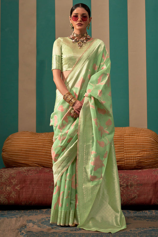 Weaving Work On Captivating Art Silk Fabric Function Wear Saree In Sea Green Color