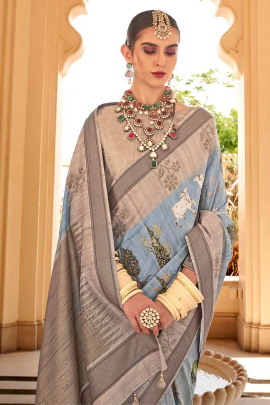 Sky Blue Color Art Silk Fabric Coveted Digital Printed Saree