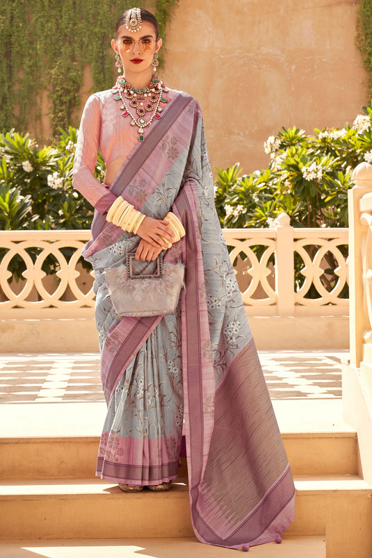 Grey Color Sober Digital Printed Saree In Art Silk Fabric