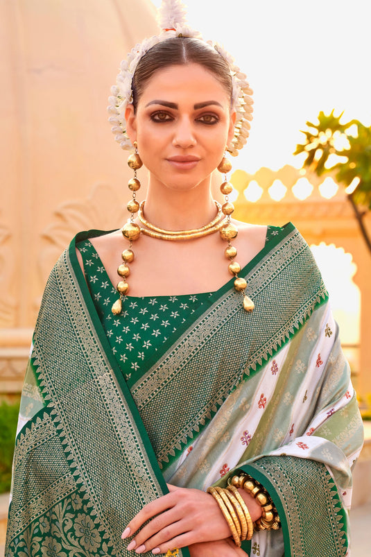 Solid Art Silk Fabric Weaving Work On Saree In Dark Green Color