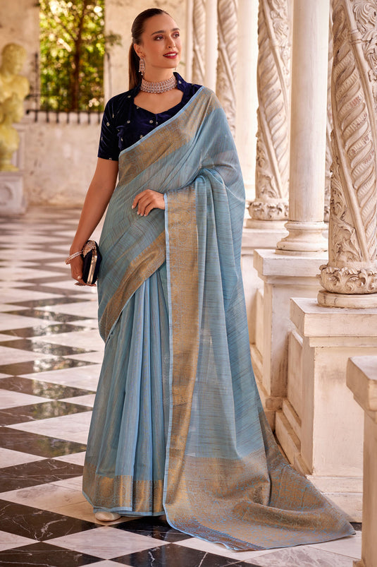 Light Cyan Color Gorgeous Fancy Linen Saree With Velvet Blouse