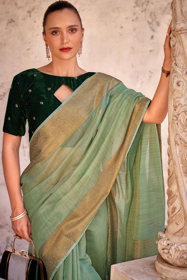 Sea Green Color Brilliant Fancy Linen Saree With Velvet Blouse