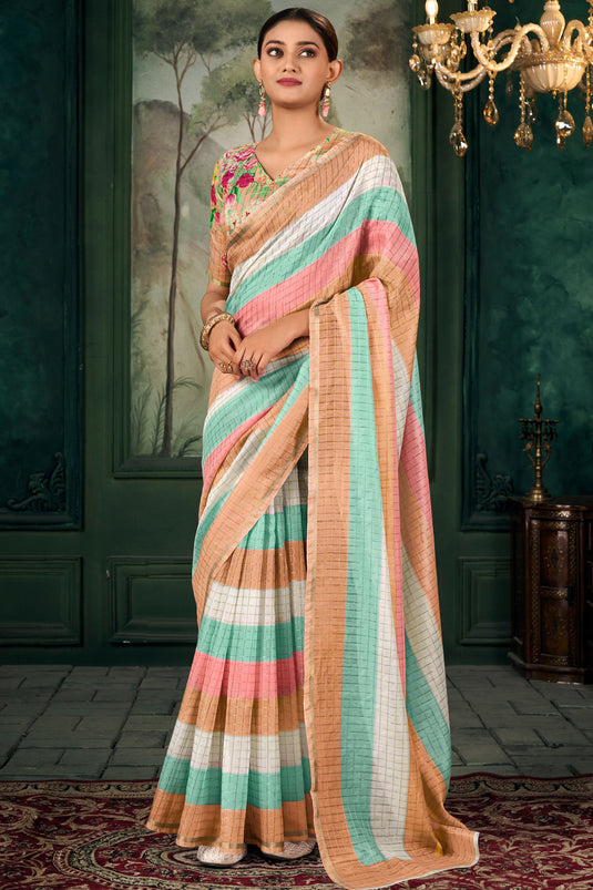 Soothing Multi Color Linen Fabric Zari Chex Pattern Saree With Floral Print Blouse