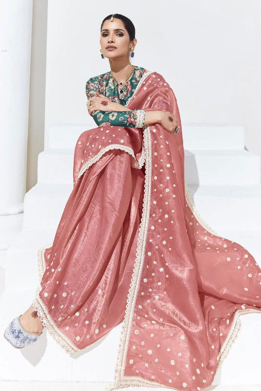 Vartika Singh Organza Fabric Peach Color Saree With Winsome Border Work