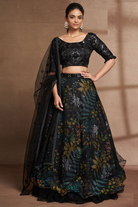 Attractive Sangeet Wear Black Color Sequins Work Organza Lehenga Choli