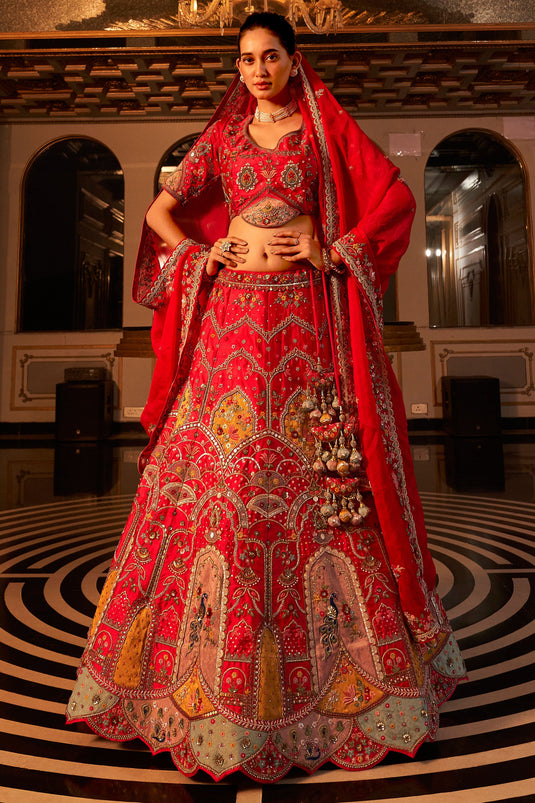 Raw Silk Fabric Red Color Stylish Look Bridal Lehenga