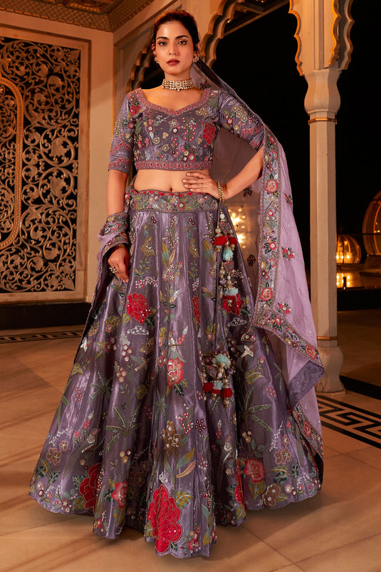 Sequins Work Purple Color Glorious Bridal Lehenga Choli In Satin Fabric