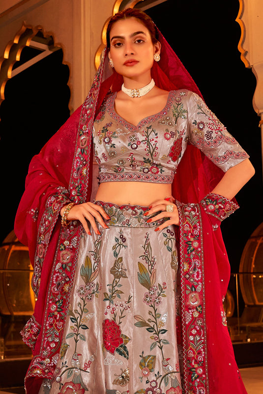 Satin Fabric Sequins Work Luminous Bridal Lehenga Choli In Grey Color