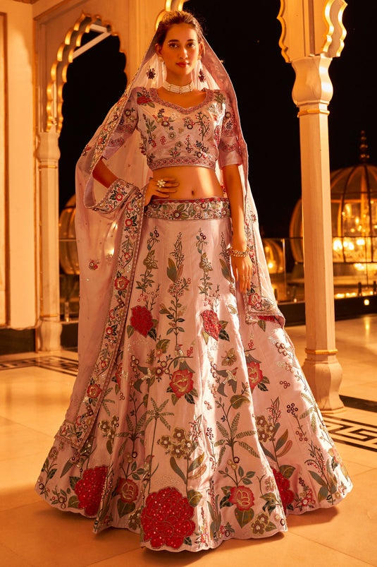 Satin Fabric Charismatic Bridal Lehenga Choli In Pink Color In Sequins Work