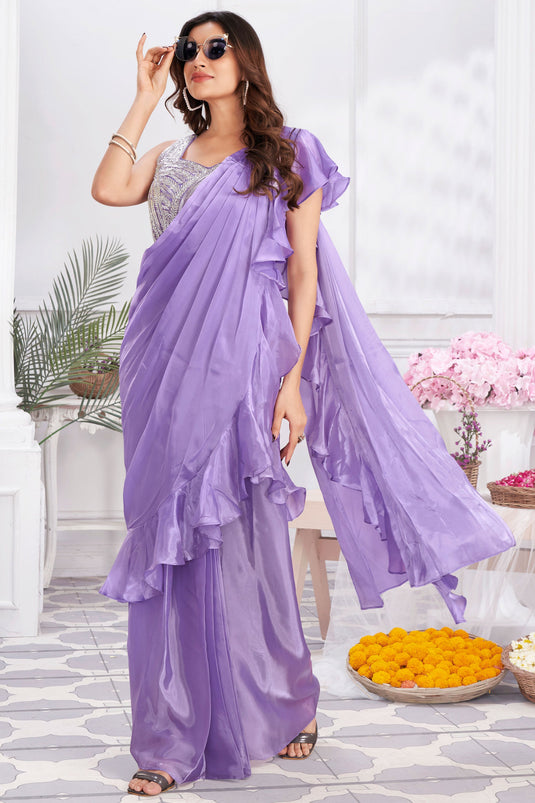 Lavender Color Pleasant Satin Silk Fabric Ready To Wear Ruffle Saree