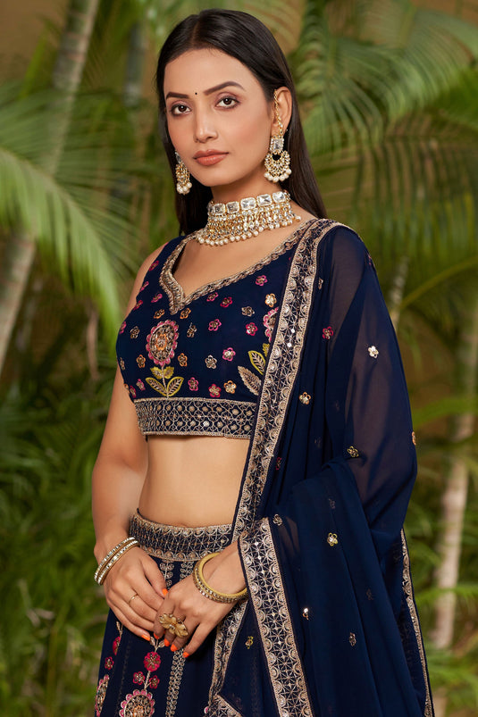 Charming Navy Blue Color Georgette Fabric Sequins Embroidered Lehenga