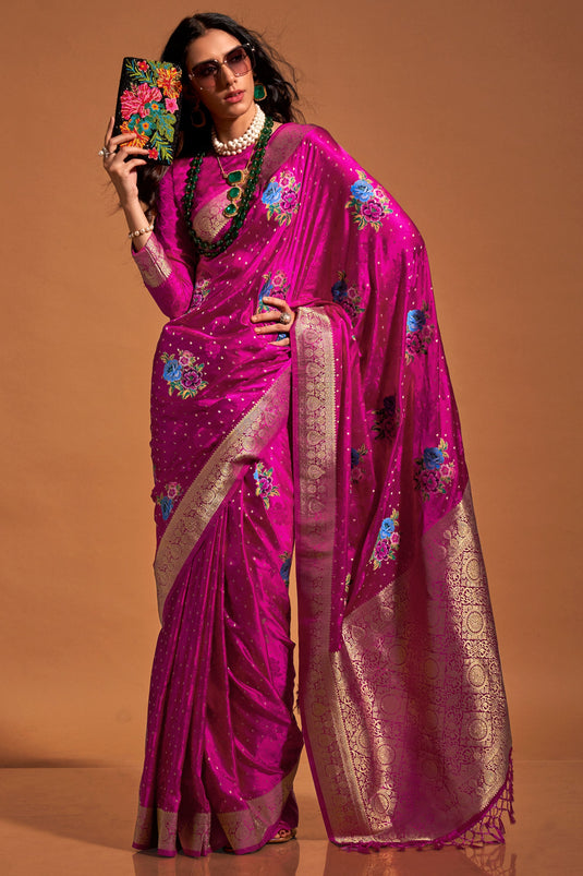 Festive Wear Stylish Rani Pink Pure Satin Handloom Silk Saree