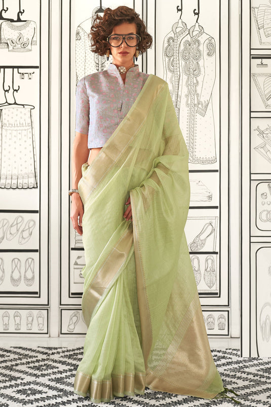 Green Color Exquisite Weaving Work Chiffon Silk Saree