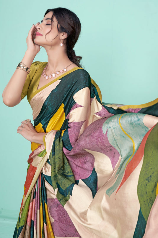 Multi Color Printed Work Crepe Fabric Glamorous Casual Saree