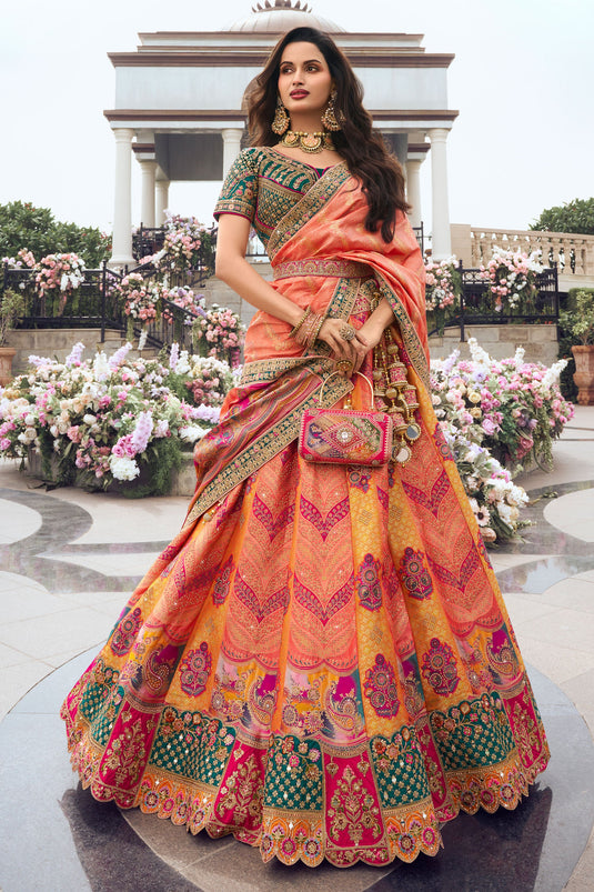 Embellished Multi Color Wedding Wear Silk Fabric Bridal Lehenga