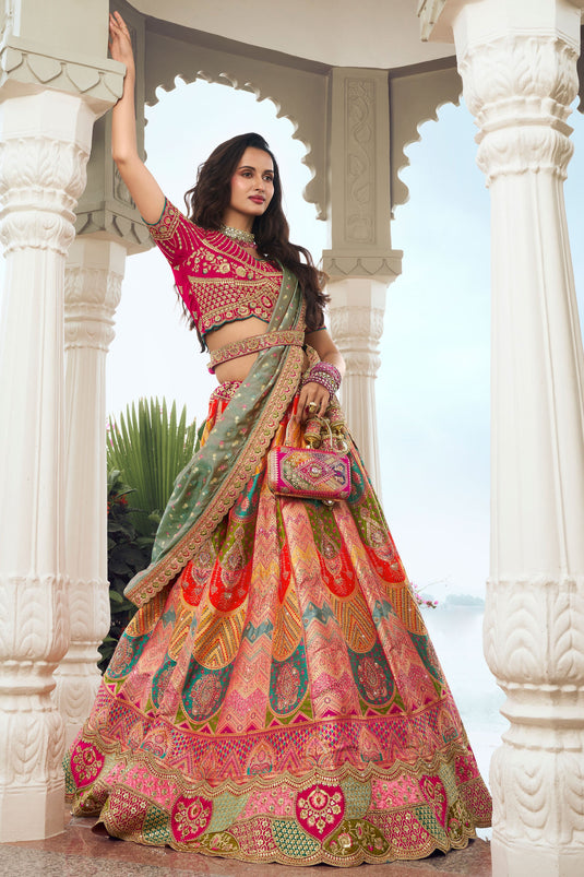 Tempting Multi Color Wedding Wear Bridal Lehenga In Silk Fabric