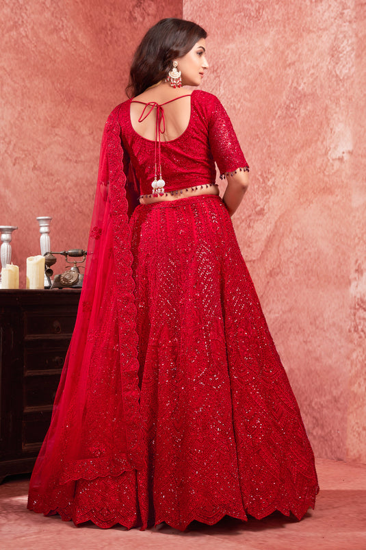 Embroidery Work Bridal Lehenga In Red Color Net Fabric With Blouse