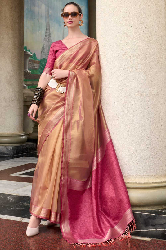 Weaving Work On Captivating Tissue Silk Fabric Saree In Peach Color