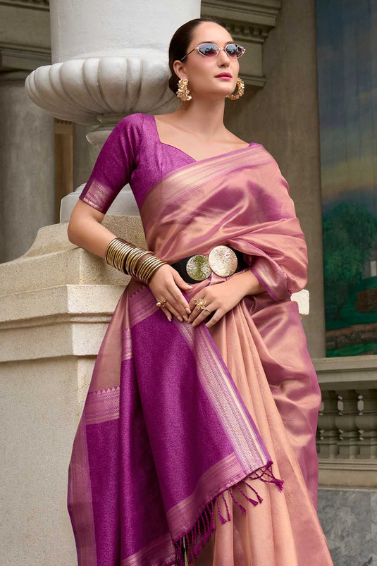 Pink Color Fantastic Tissue Silk Fabric Saree With Weaving Work