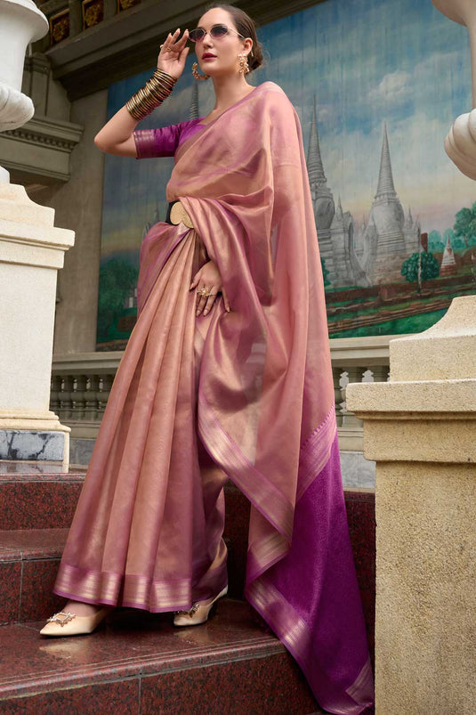 Pink Color Fantastic Tissue Silk Fabric Saree With Weaving Work