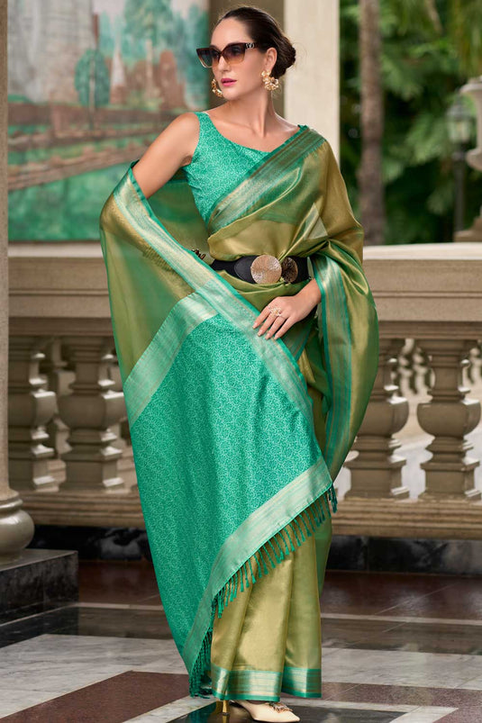 Weaving Work On Cyan Color Aristocratic Tissue Silk Fabric Saree