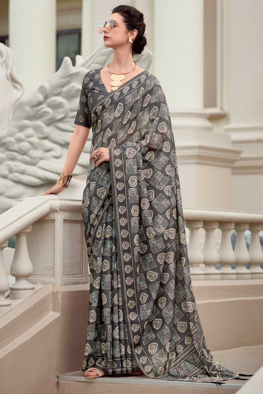 Grey Color Printed Work On Art Silk Fabric Beatific Saree