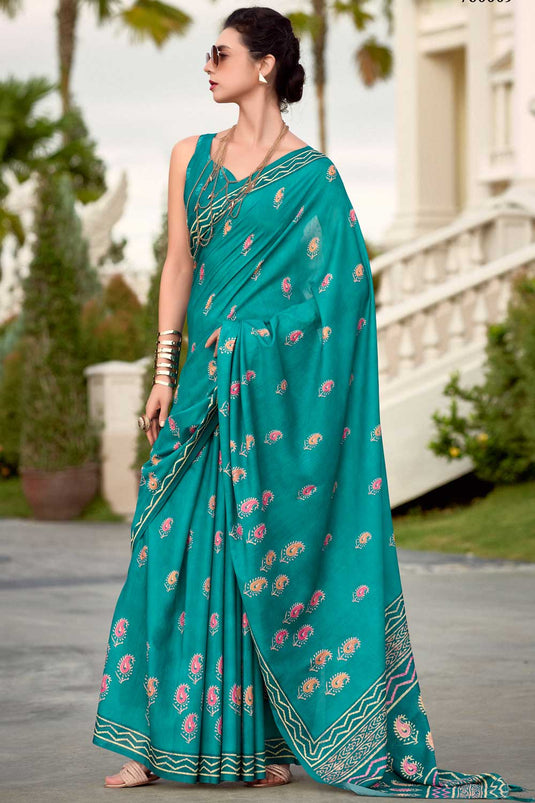 Marvellous Printed Work On Art Silk Fabric Saree In Teal Color