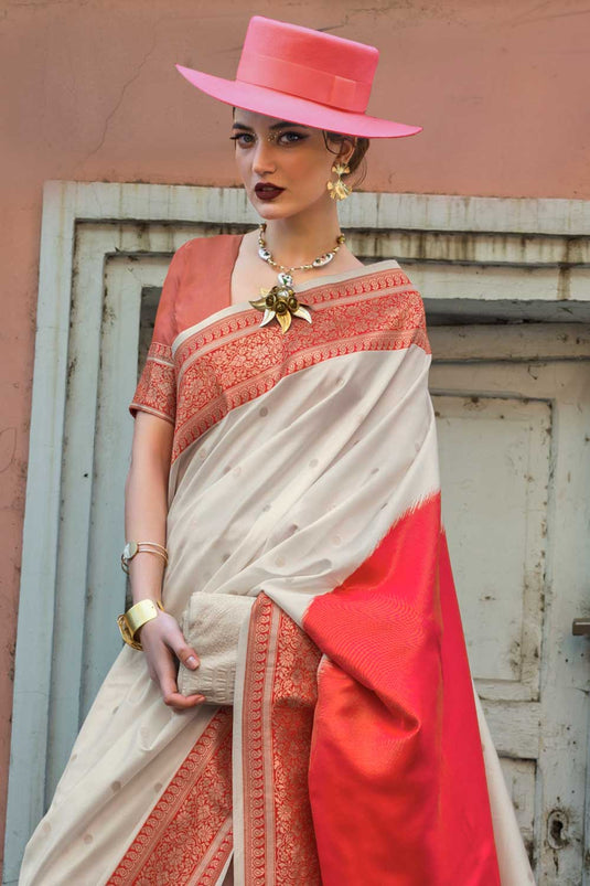 Off White Color Charismatic Handloom Weaving Art Silk Saree