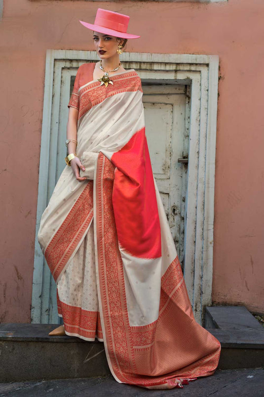 Off White Color Charismatic Handloom Weaving Art Silk Saree