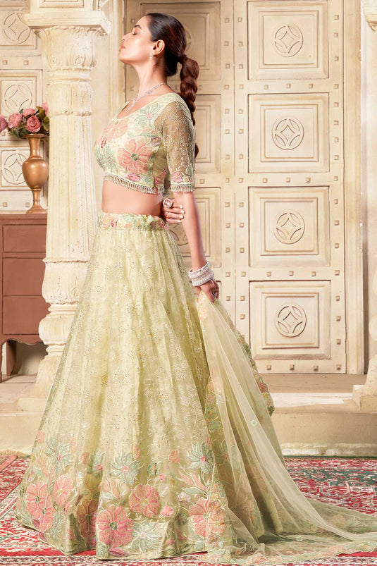 Net Fabric Yellow Color Stylish Look Lehenga