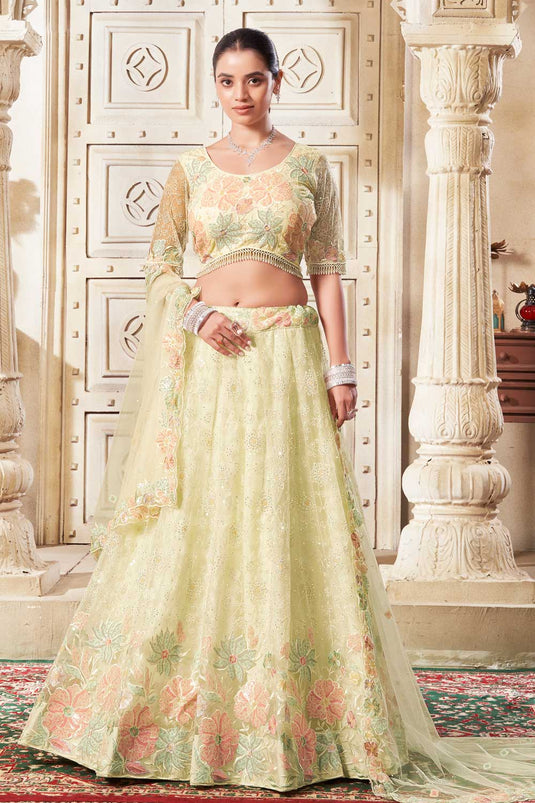 Net Fabric Yellow Color Stylish Look Lehenga