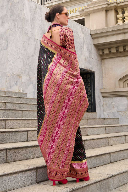 Function Wear Black Color Excellent Silk Saree With Weaving Work