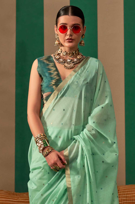 Sea Green Color Aristocratic Art Silk Handloom Weaving Saree