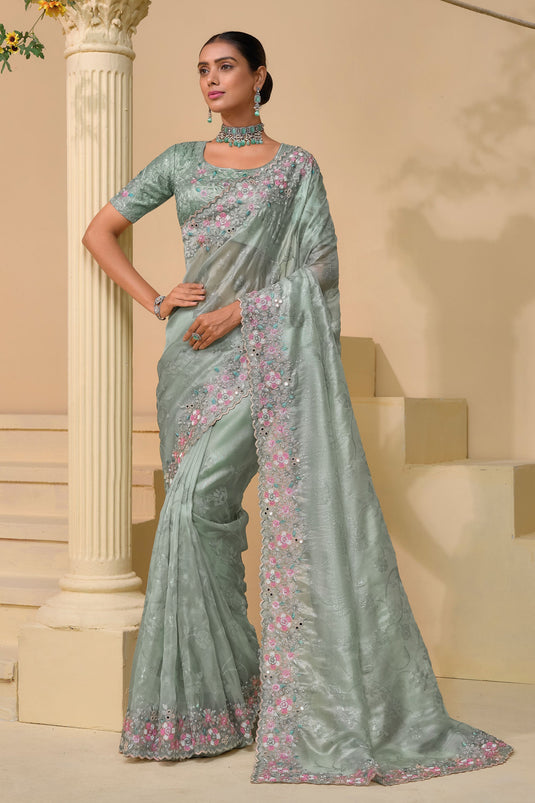 Sequins Work Light Cyan Saree With Beautiful Blouse