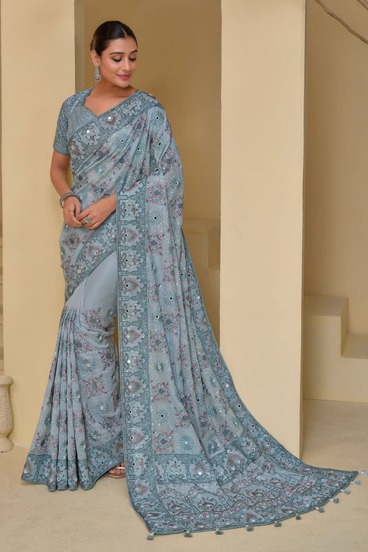 Banarasi Fabric Occasion Wear Grey Sequins Work Saree