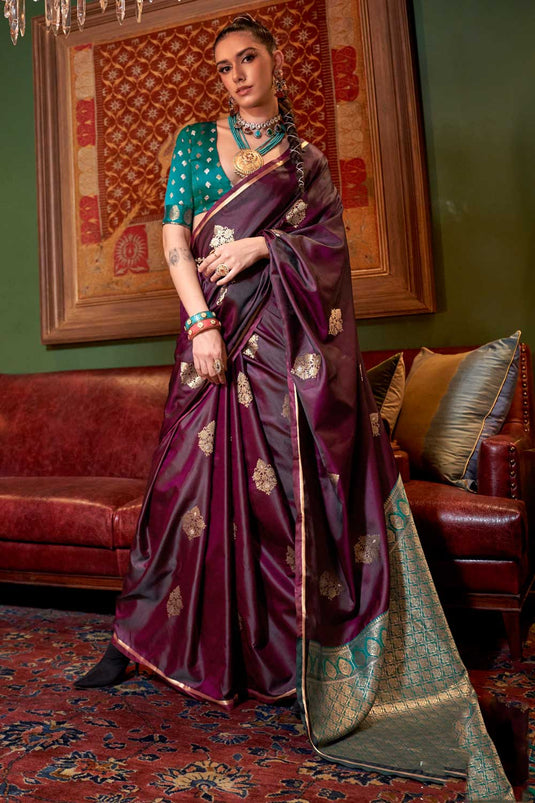 Engaging Magenta Color Weaving Design Satin Saree