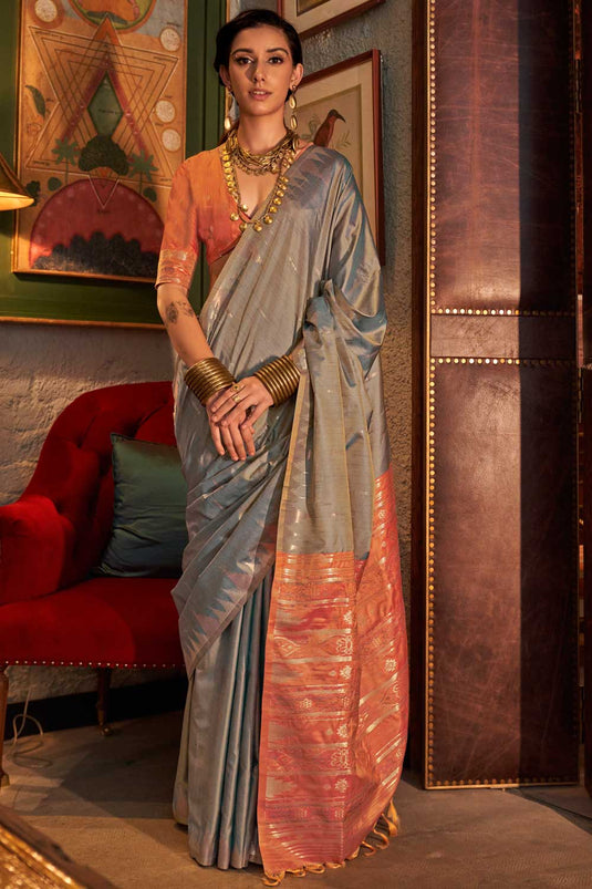 Grey Color Gorgeous Handloom Weaving Silk Saree