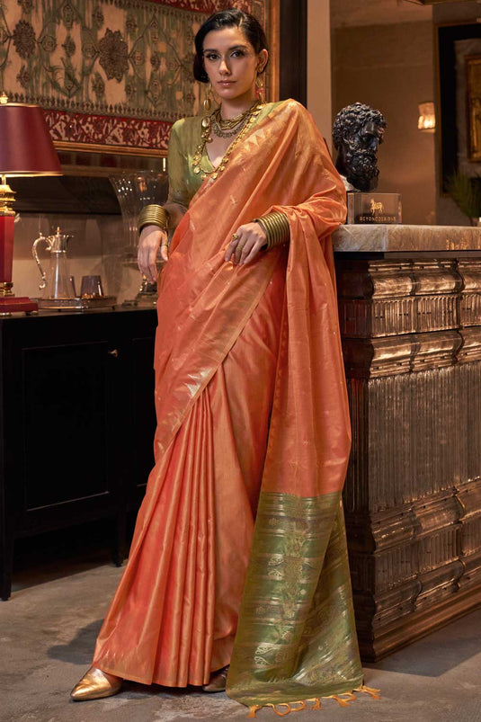 Imposing Handloom Weaving Silk Saree In Peach Color