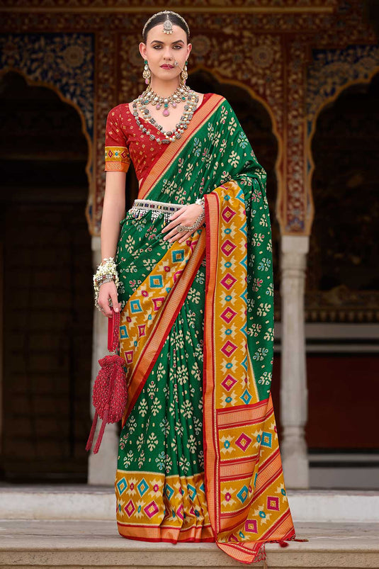 Soothing Art Silk Printed Saree In Dark Green Color