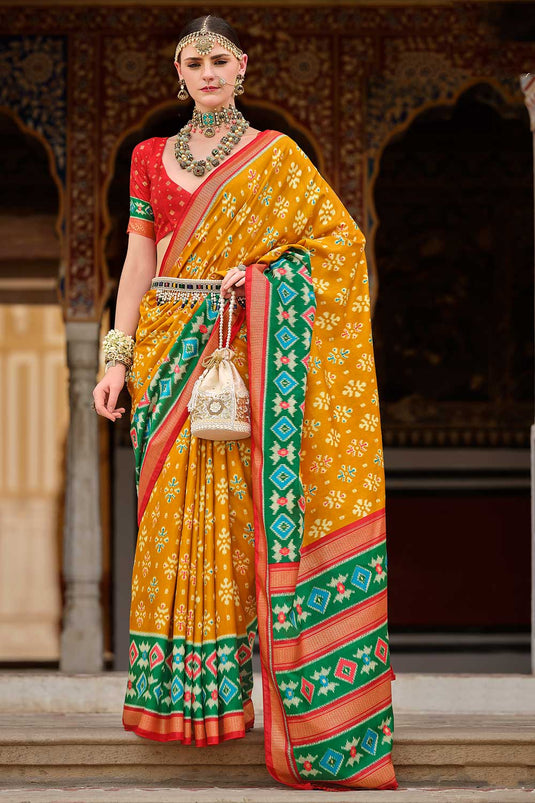 Blazing Mustard Color Printed Art Silk Saree