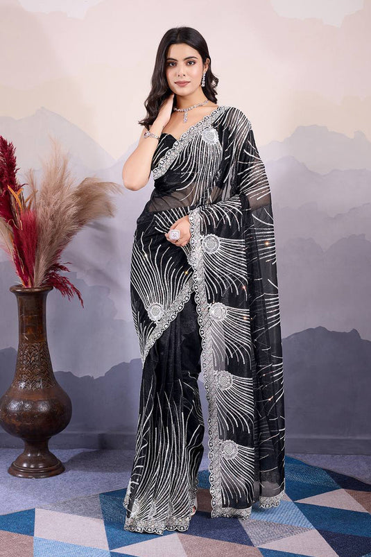 Black Net Function Wear Saree With Marvelous Blouse