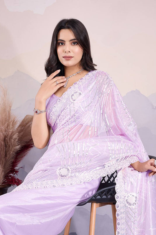 Sequins Work Lavender Designer Saree With Gorgeous Blouse