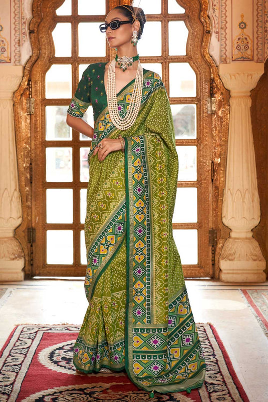 Excellent Green Color Patola Printed Art Silk Saree