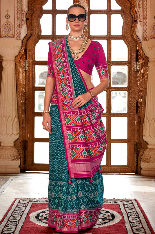 Cyan Color Art Silk Stunning Patola Printed Saree