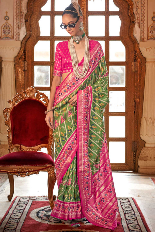 Tempting Art Silk Sea Green Color Patola Printed Saree